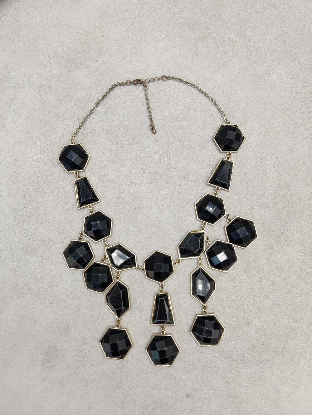 Statement Bib Necklace 16" Black Glass Dangles Chunky Contemporary Architectural